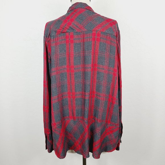 CABI Cunningham Blouse L Red Gray Plaid Popover Hi-Low 1/4 Button-Front Shirt - Picture 3 of 8